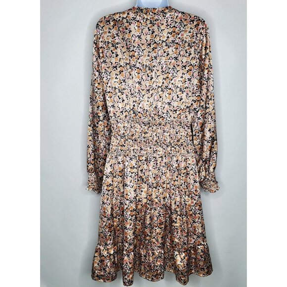 Fig & Flower Womens Silky Floral Long Sleeve Smocked Waist Dress XL S Slit Neck - Picture 3 of 12